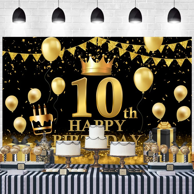 Happy 10th Anniversary Backdrop Boys Girls 10 Years Birthday Party Black and Gold Cake Table Decorations Banner Photo Background