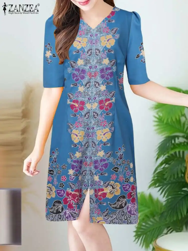 ZANZEA-vestido retrô floral estampado para mulheres, puff manga curta Midi Robe, vestido com decote em v, vestido vintage para férias, elegante de escritório