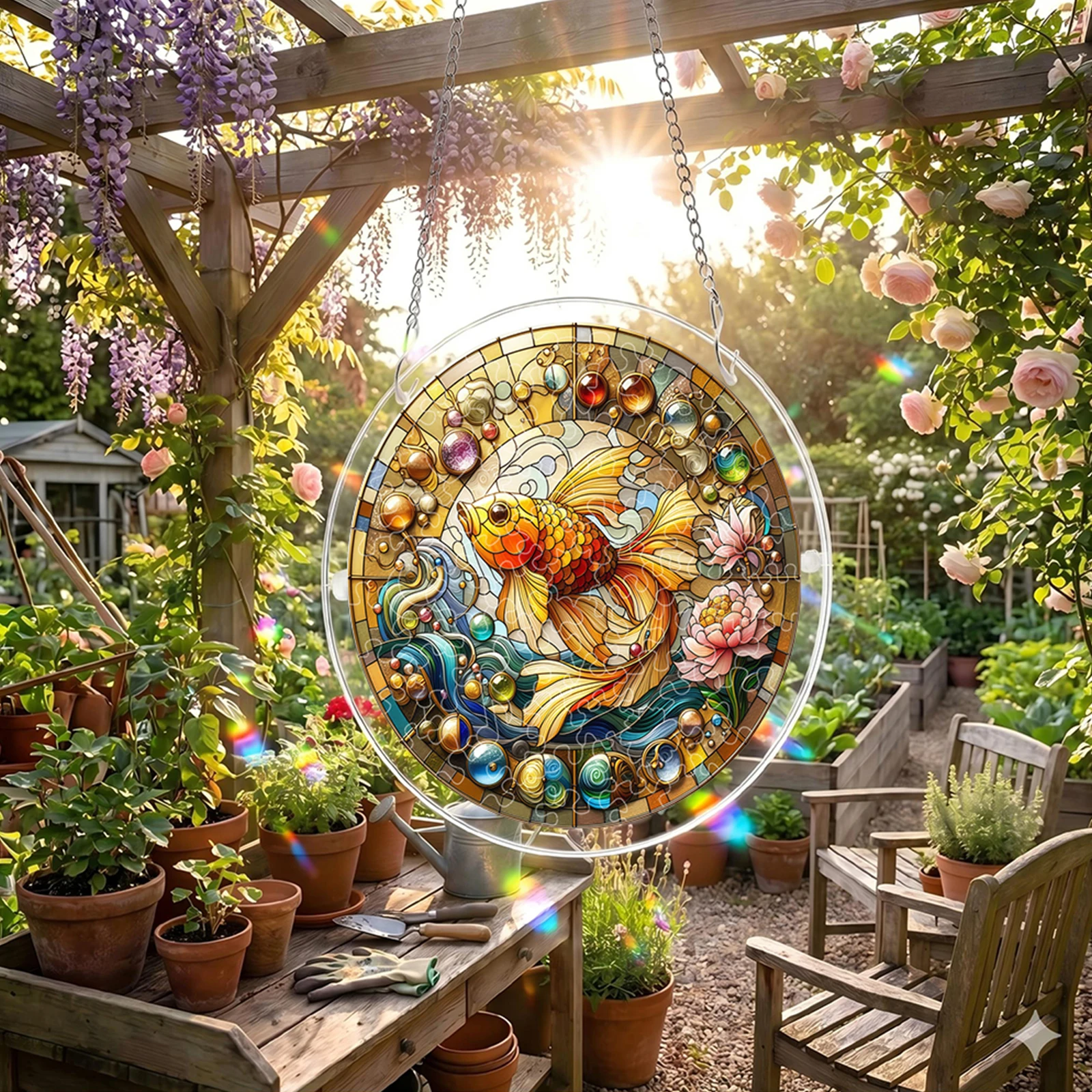 Acryl-Puzzle-Fensterdekoration mit Hängekette, Elegantes Sonnenfänger-Set, Nicht-verblassendes Rundes Fenster-Puzzle-Dekor für Raumwandkunst