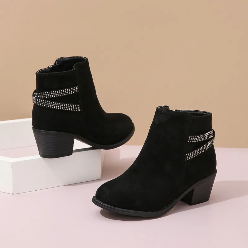 Winter Pure Black Versatile Cotton Boots with Thick Heels, New Plush Warm Girls Cotton Boots Non-slip Rhinestones Elegant Kids