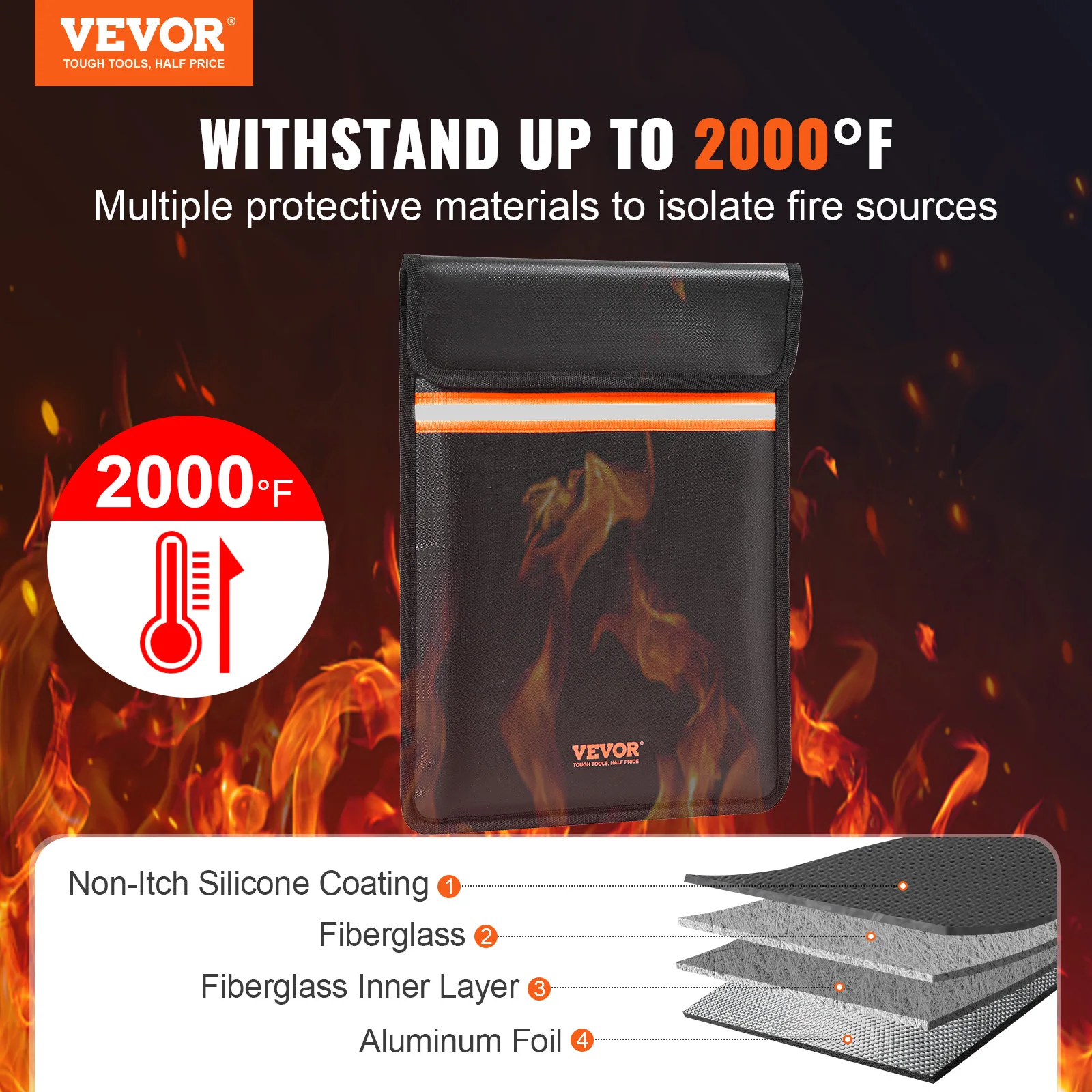 VEVOR Fireproof Document Bag 2-layer/ 1-layer 2000℉ Fireproof & Waterproof Fire Safe Srorage Pouch for Money Documents Jewelry