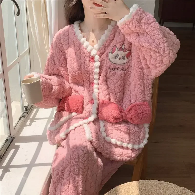 Velvet Fleece Pajamas Set Women Sleepwear Winter Warm Thick Long Sleeve Trouser Homewear Korean Fashion Women\'s Clothing New