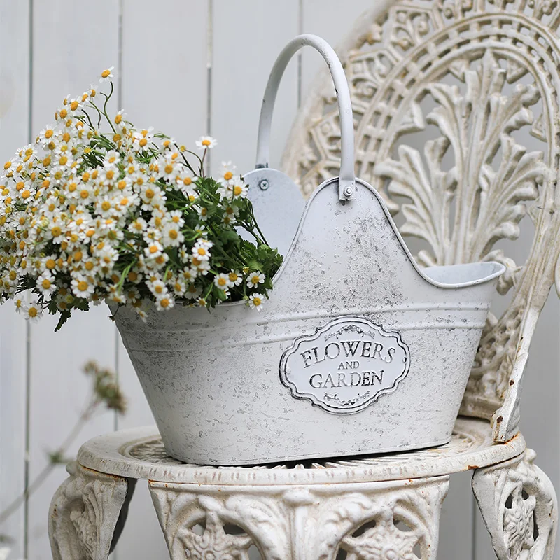 Outdoor Metal Stand Flowerpot Rural White Painting With Metal Handle Balcony Planter Indoor Or Outdoor Decoration