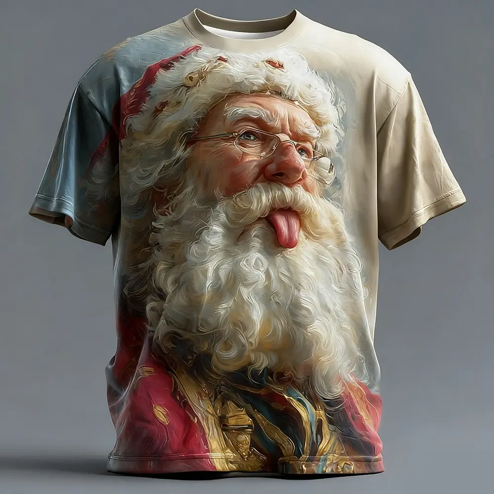 

2025 Christmas Men's 3D Print T-Shirt Cartoon Santa Claus Graphic Design Casual Round Neck Tee Shirt Summer Autumn Trendy Tops