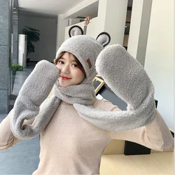 Warm Adult Bear Cute Warm Autumn Winter Plush Hat Scarf Gloves One Three Piece Set Girl Fashion Coral Velvet Grey