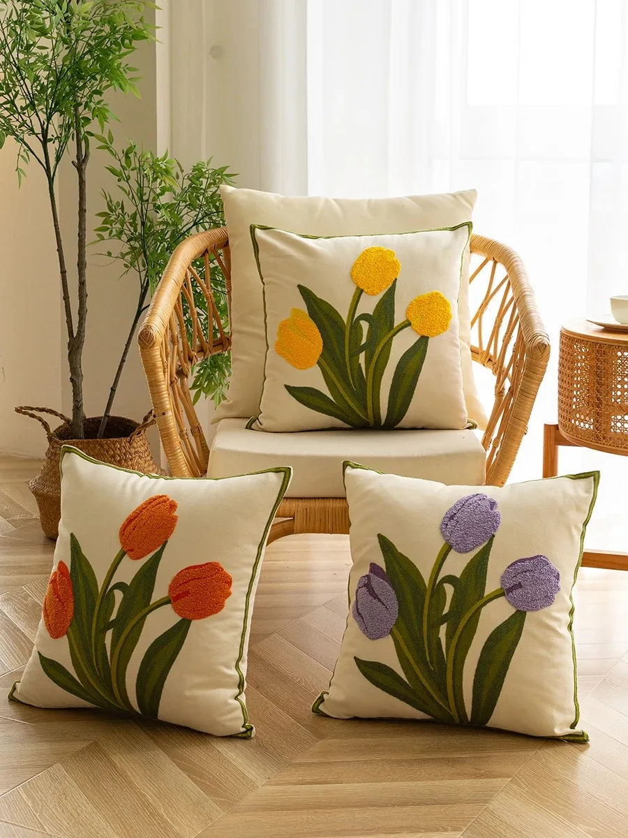 Reine Baumwolle Stickerei Tulpe Frühling Dekokissenbezüge Außenterrasse Kissenbezug Kissenbezüge Sommer Gartendekorationen Zuhause – Detail 5