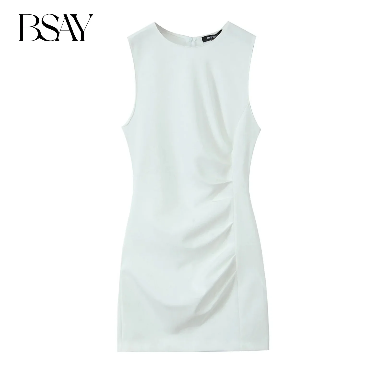 BSAY Donna Moda Estate Nuova Zip posteriore O-Collo Piega Gilet Corto sexi abito da notte hot Chic Donna Bianca senza maniche da sera