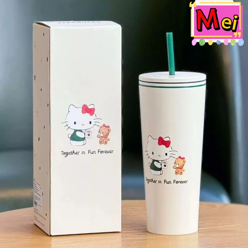 New 710ml Cute Kitty Insulated Cup Cartoon 304 Stainless Steel Straw Cup Simple Large Capacity Portable Water Cup Christmas Gift