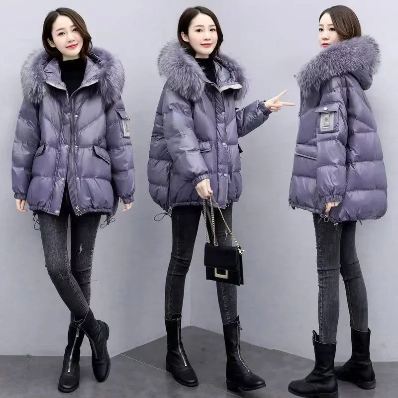 Down Cotton Jacket 2024 New Women's Mid Length Korean Version Loose Fitting Thick Jacket Large Woolen Collar Winter Hooded E3829