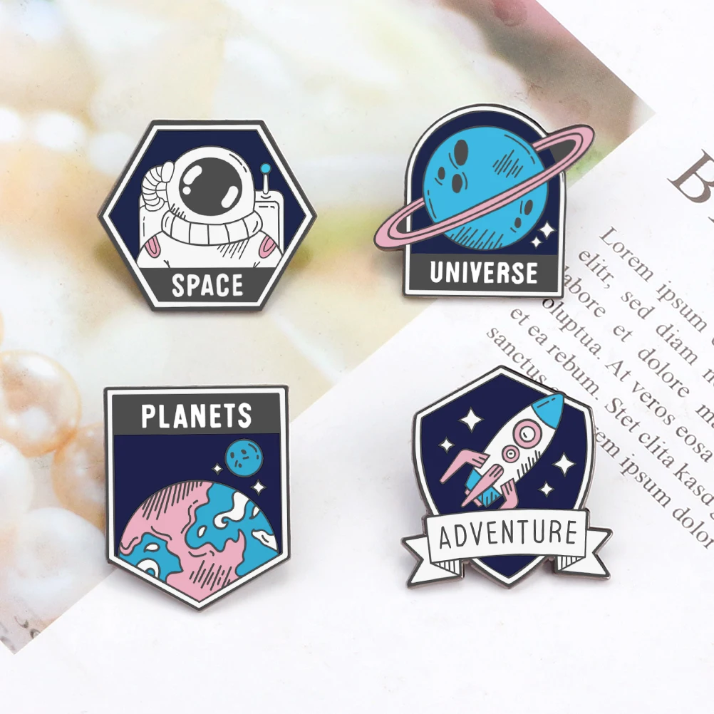 Space Trek!Planet Adventure Shield Enamel Pin Fantasy Starry Sky Astronaut Spacecraft Hat Brooch Universe Security Agency Badge