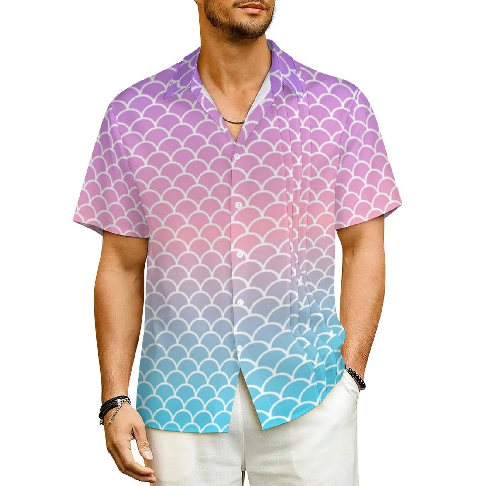 Ombre Mermaid Scales Hawaiian Shirt For Male Beach Blue Purple Casual Shirts Short-Sleeve Y2K Street Retro Oversized Blouses