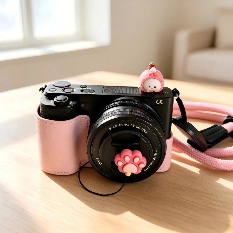 Kawaii Cute Camera Hot Shoe Cap & Cat Paw Lens Cap Keeper, 3D Strawberry Bunny Dustproof Universal Snap-On For Canon Sony Nikon