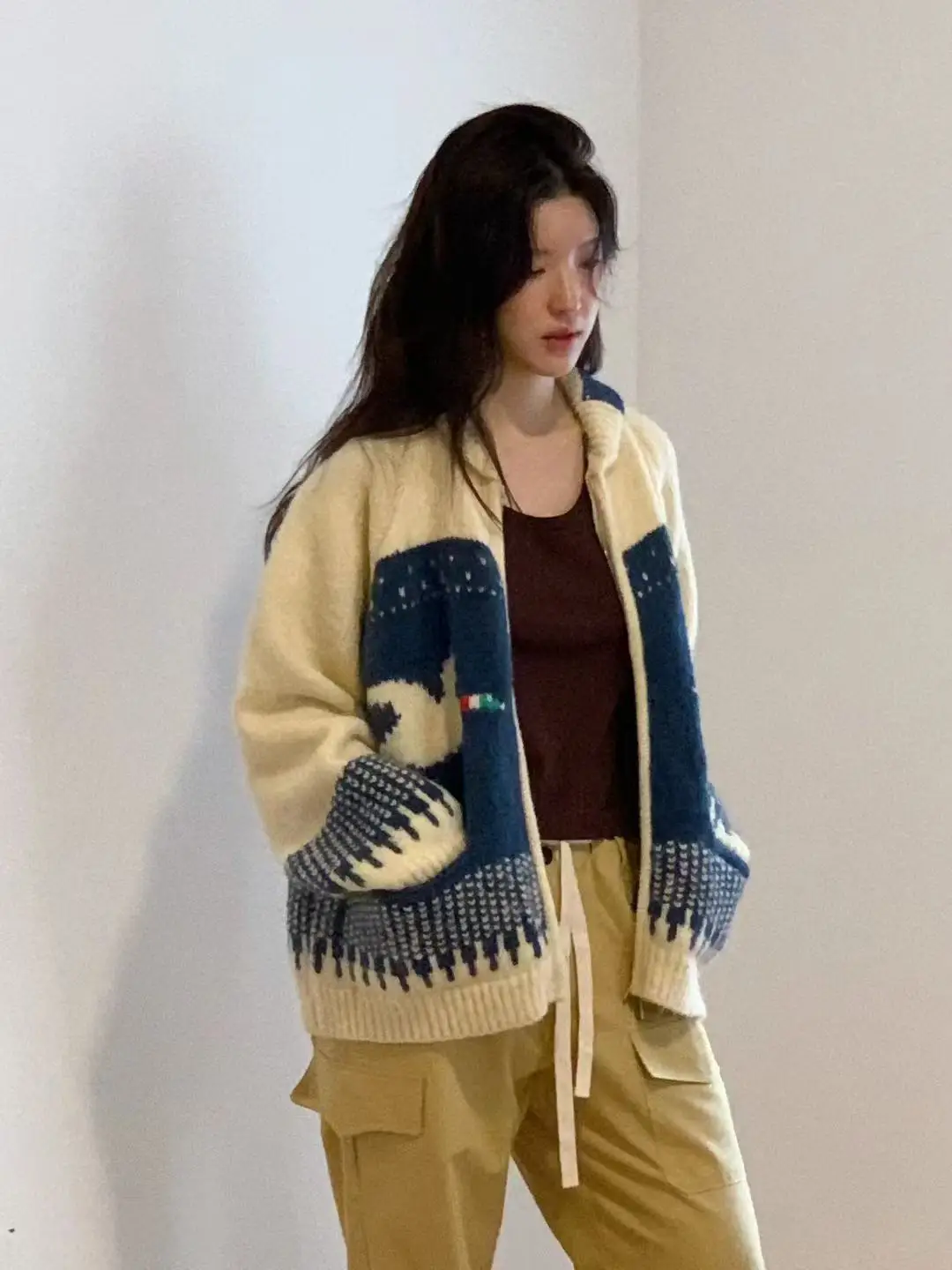 كارديجان نسائي أنيق جديد لفصلي الخريف والشتاء، تصميم عصري مضاد للشيخوخة بنقشة فير آيل، ناعم بأكمام طويلة، ملابس خارجية للربيع...