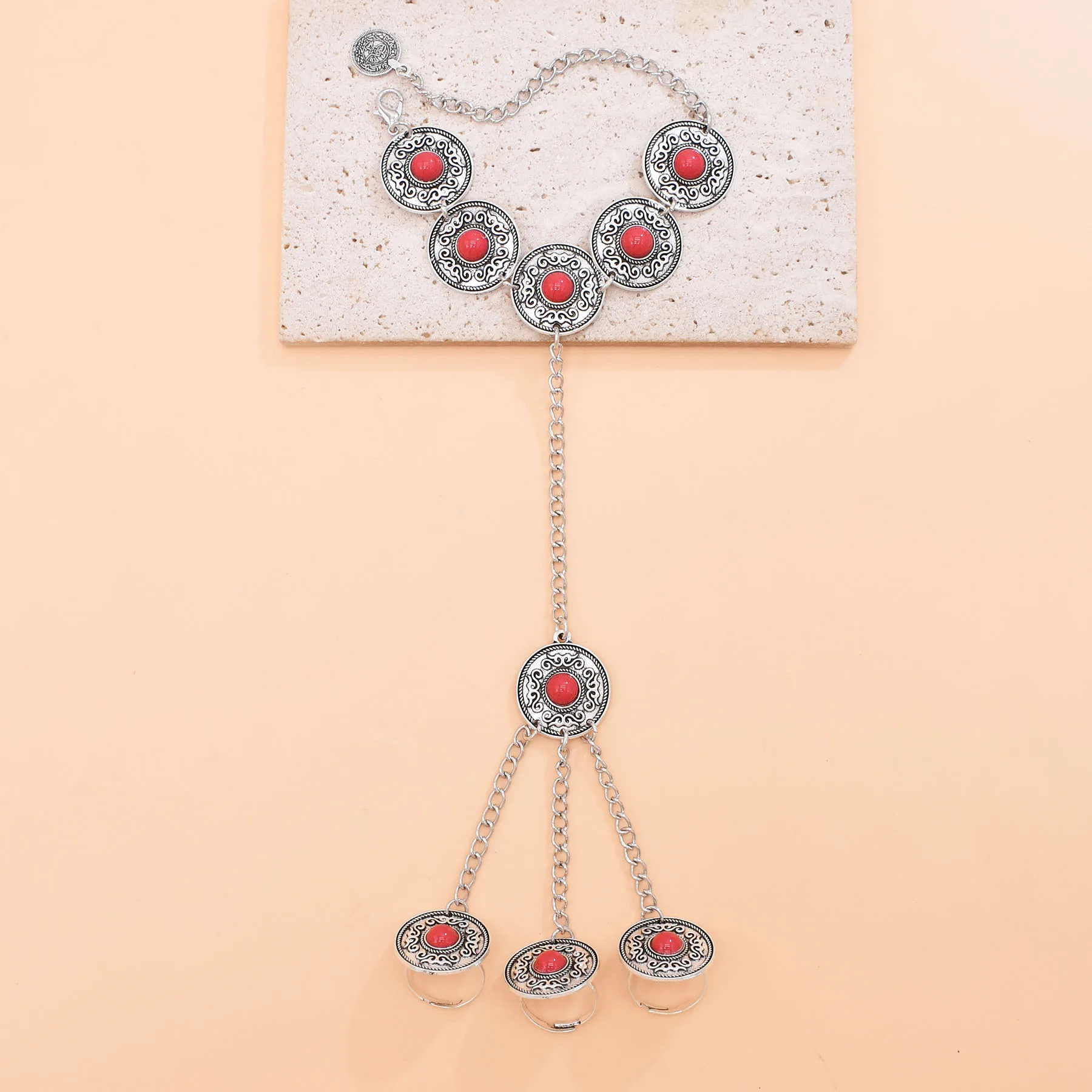 

Geometric Turquoise Long Chain Finger Rings Connected Bracelet For Women Charm Fashion Wrist Jewelry Ethnic Style Accessory Gift