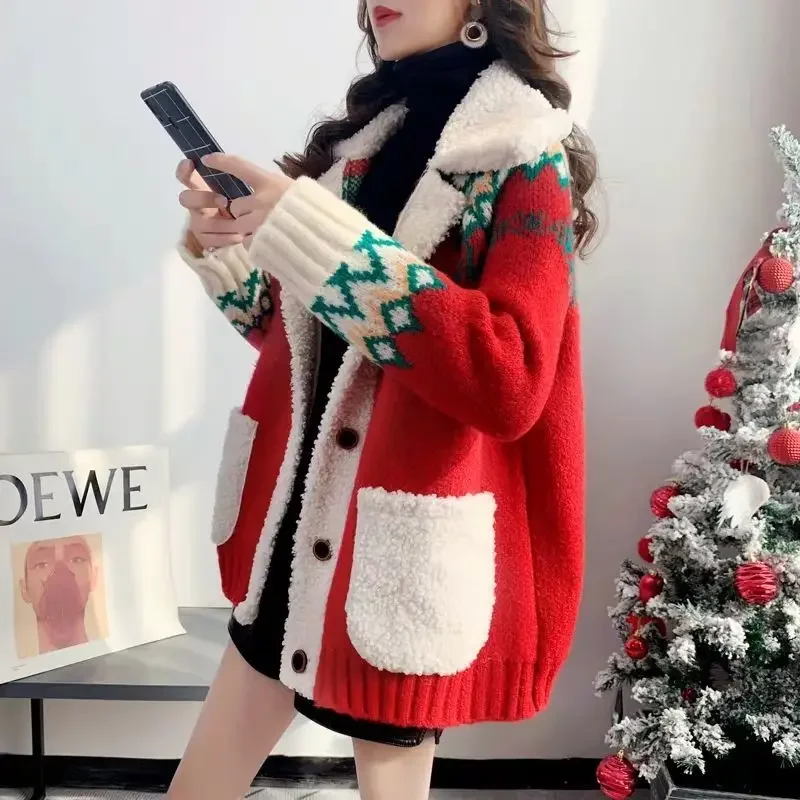 Woman Sweaters Christmas Red Sweater Cardigan Women Thickened Autumn Winter 2024 Loose Knitted Coat  Femme Chandails Pull Hiver