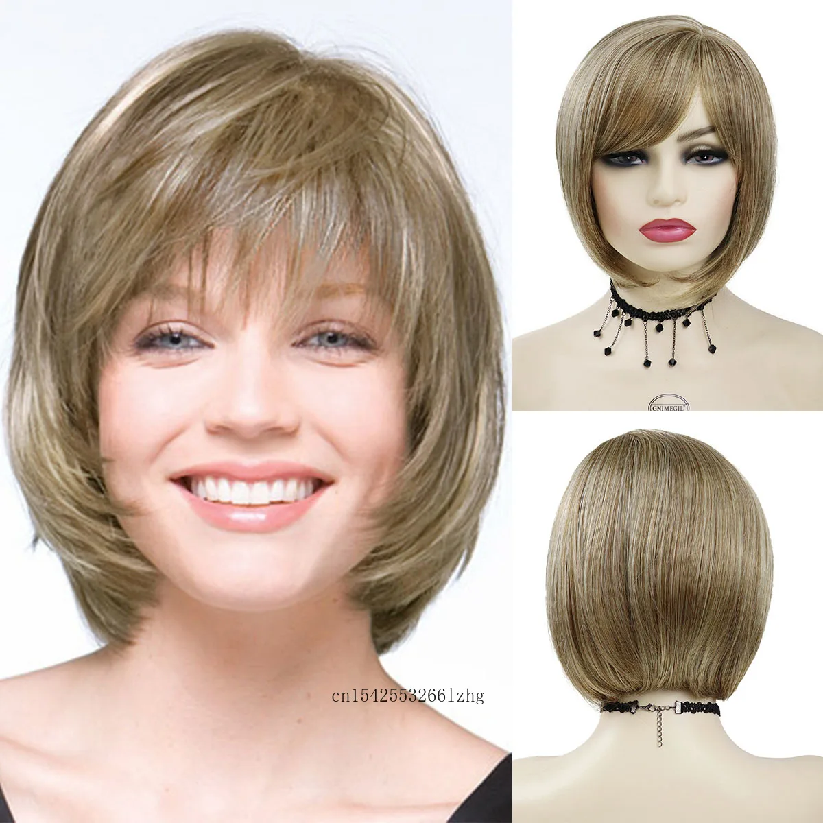 GNIMEGIL Synthetic Short Blonde Wig for Women Straight Hair Bob Wig with Bangs Natural Soft Daily Halloween Lolita Party Female