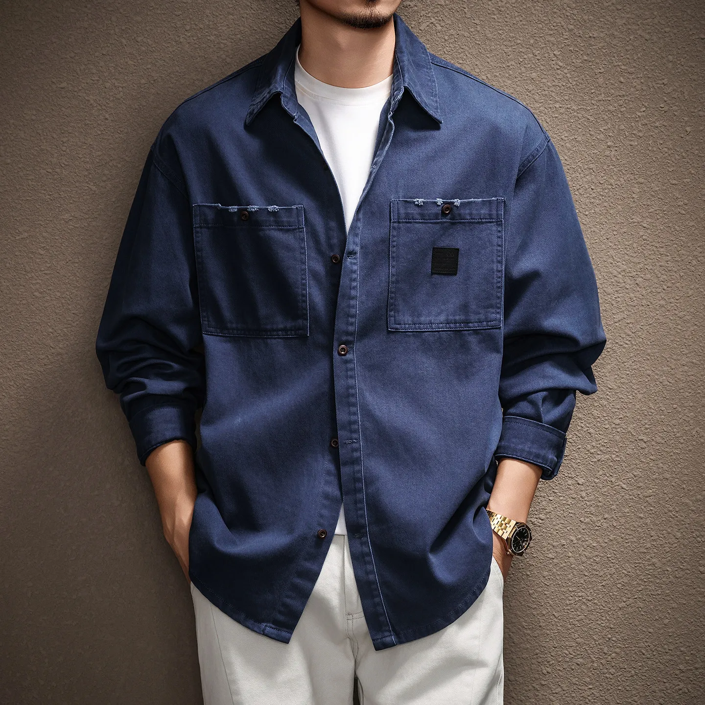 Men's Retro Distressed Workwear Shirt Relaxed Fit Button-Up Chest Pockets Wash Faded Rips Patch Vintage Label Long Sleeve Tops