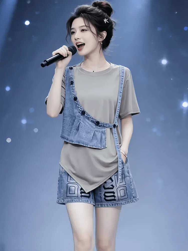 

Casual Summer Women's Set Lazy Feel Short Sleeve T-Shirt And Denim Shorts Two-Piece Suit Comfortable High Waist round Neck Top