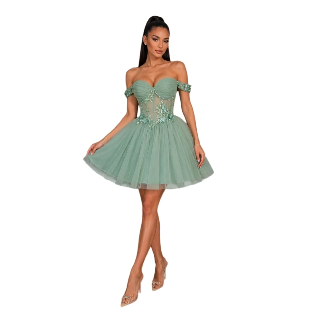 Sage Green Off Shoulder Tulle Homecoming Dress 3D Floral Lace Appliques Sweetheart A‑Line Short Cocktail Prom Gown Customized view 2