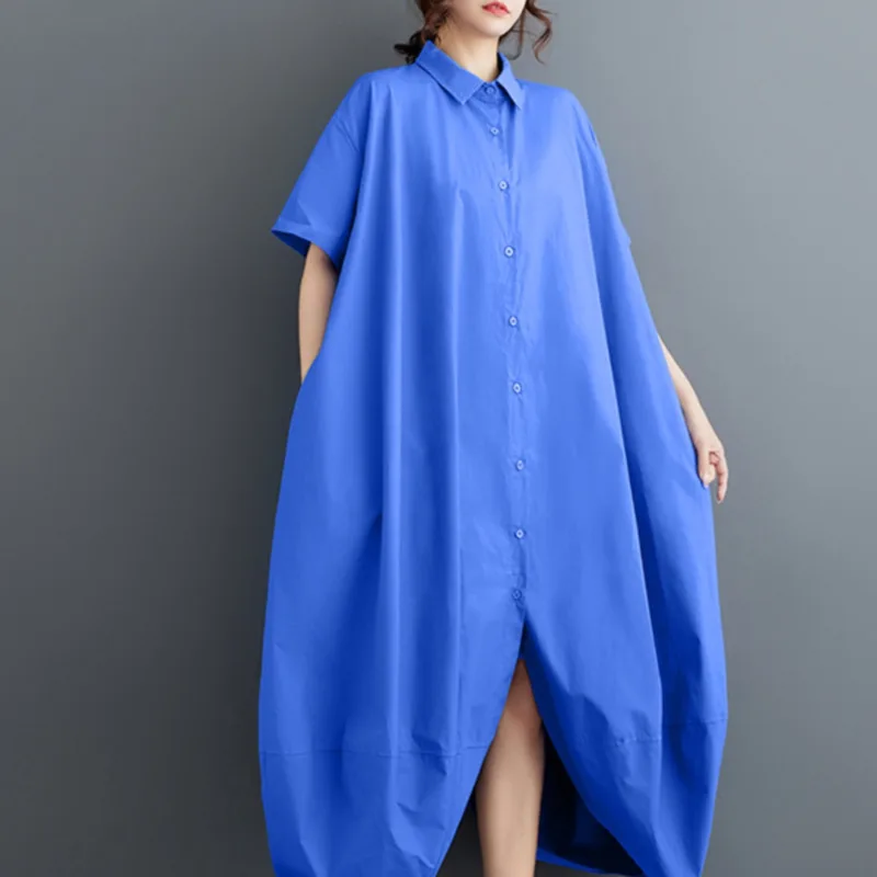 #3943 Black Green Blue Asymmetrical Shirts Women Loose Split Joint Front Button Shirt Dress Short Seeve Korean Style Long Dress 