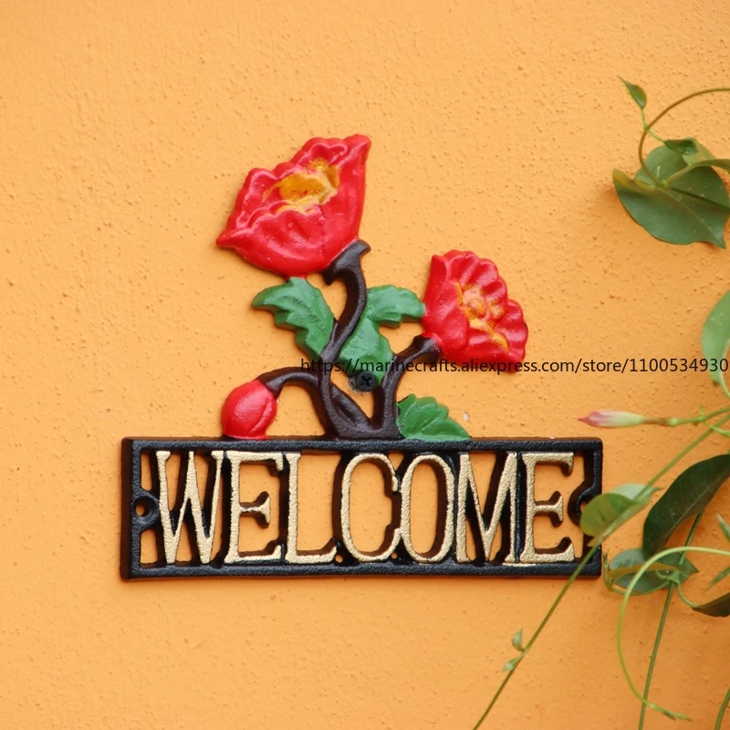 

Outdoor Garden Courtyard Door Wall Decoration Cast Iron Welcome Welcome Brand Pastoral Rose Decoration European Wall Pendant