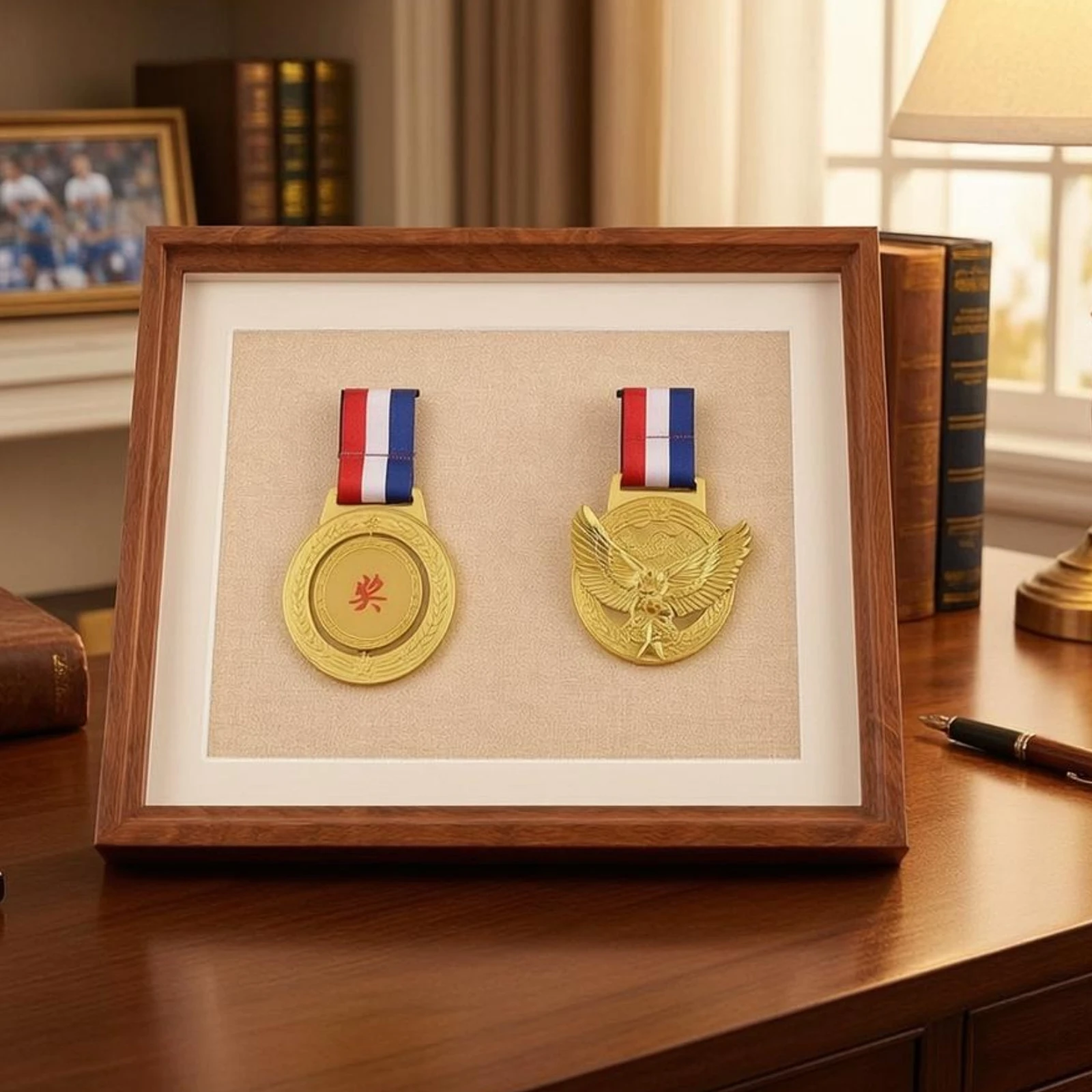 Medal Display Shadow Box Light Inner Mat Medal Display Frame Shadow Box Frame Textured House Decoration Beige Backing