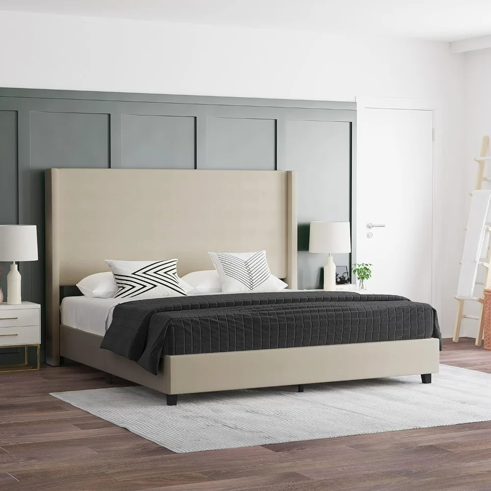 Wingback Platform Bed - Beige Faux Linen Upholstery - Durable Engineered Wood Frame , No Box Spring Needed , Lightweight Design