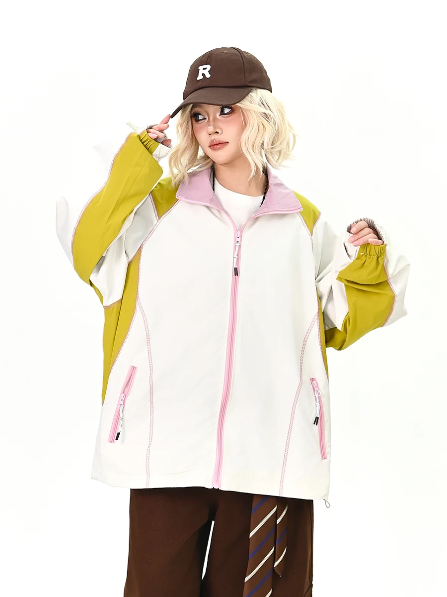 

Женская свободная куртка с контрастной строчкой и цветовыми блоками, в американском стиле BF, модный бренд, весна 2026, уличная одежда, воротник-стойка, на молнии