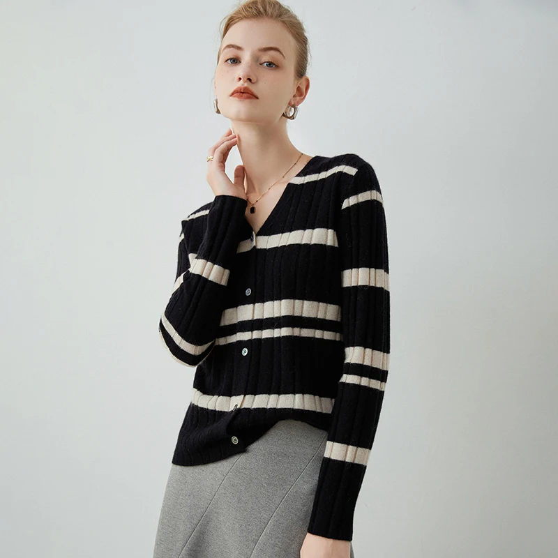 Women Elastic Sweater 100% Cashmere Knit Cardigan 2023 Autumn Winter New V-neck Female Warm Soft Striped Cardigans Slim Top