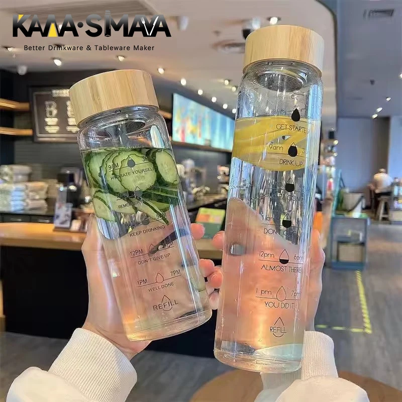 KAWASIMAYA 1-4PCS 700/1000ml Large Capacity Glass Water Bottle with Time Scale Portable Mugs Transparent Milk Juice Cups