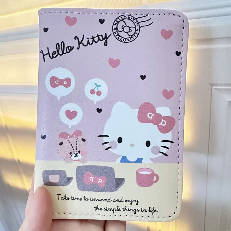 Sanrio Cinnamoroll Kuromi Mymelody funda de pasaporte de PU de dibujos animados, kawaii Anime, identificación de viaje, tarjeteros, bolsas con Clip, regalos para niñas