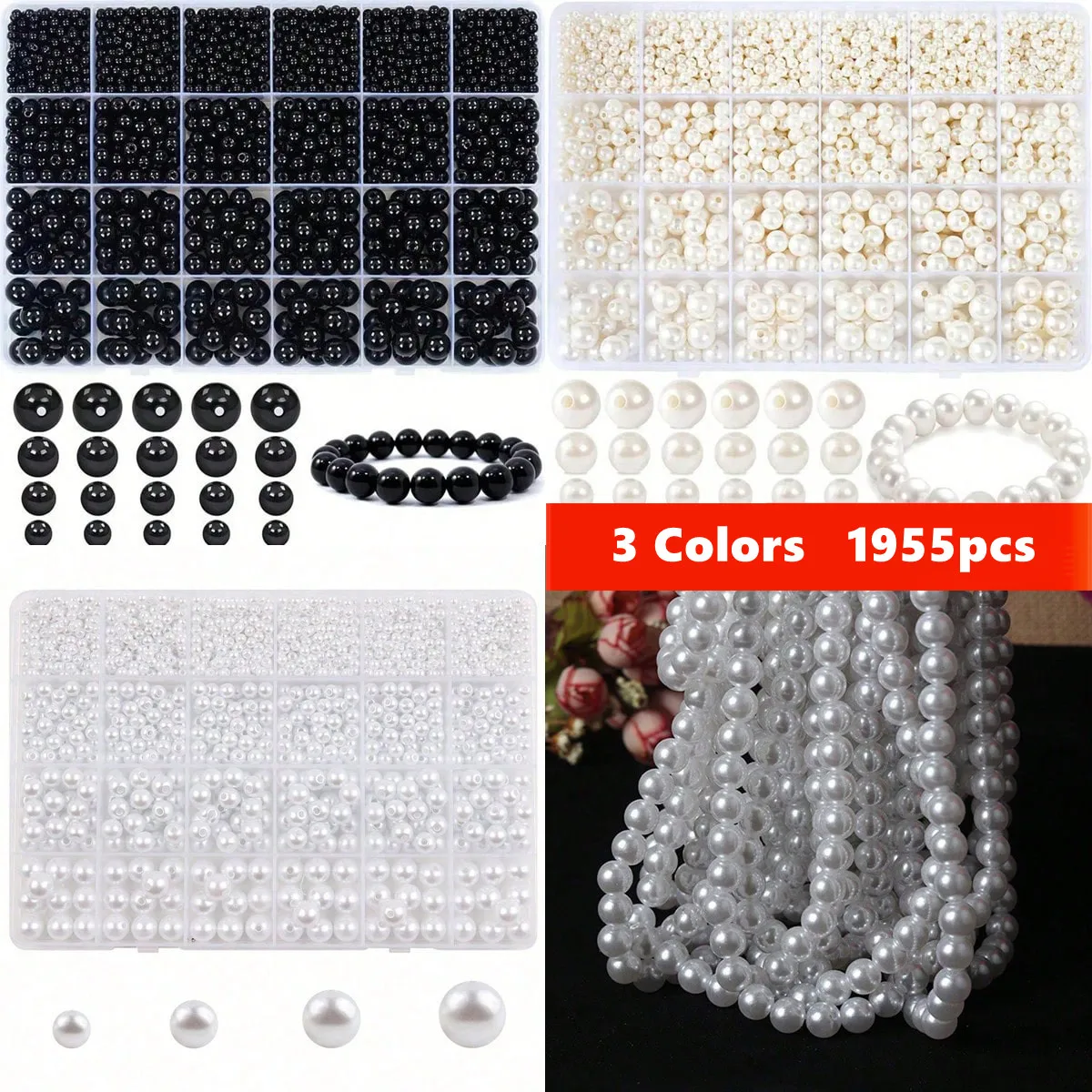 1955pcs/24 grid box Black and White Acrylic Polished Loose Beads4 / 6 / 8 / 10 mm Set Elegant For DIY Making