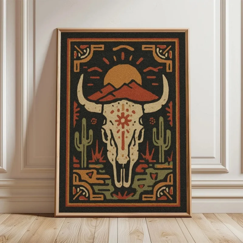 Unframe Western Skull Art Frameless Canvas Print Art, Desert Boho Wall Poster, Southwestern Tapestry Illustration, Rustic Cactus