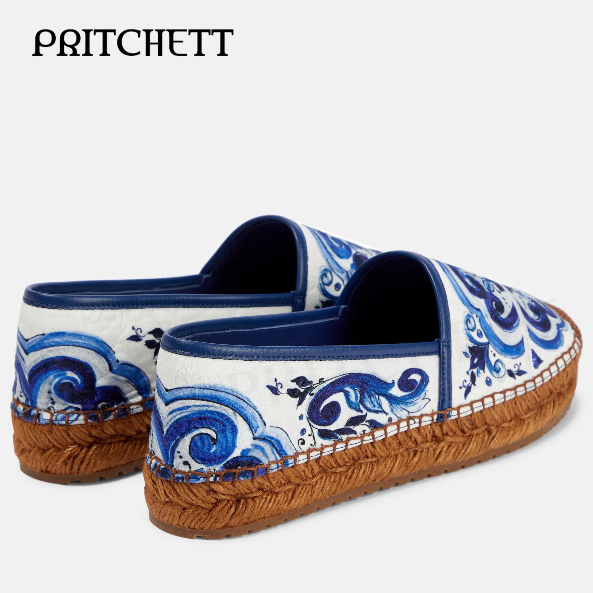 Blue and White Porcelain Espadrille Casual Shoes Round Toe Mid-Heel Slip-On Embroidery Comfortable Fashion Women's Shoes