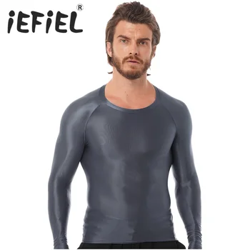 남성 광택 스포츠 탑스 긴 소매 티셔츠, 단색 슬림핏 통기성 피트니스 체조 운동 탑스 요가 비치 수영복