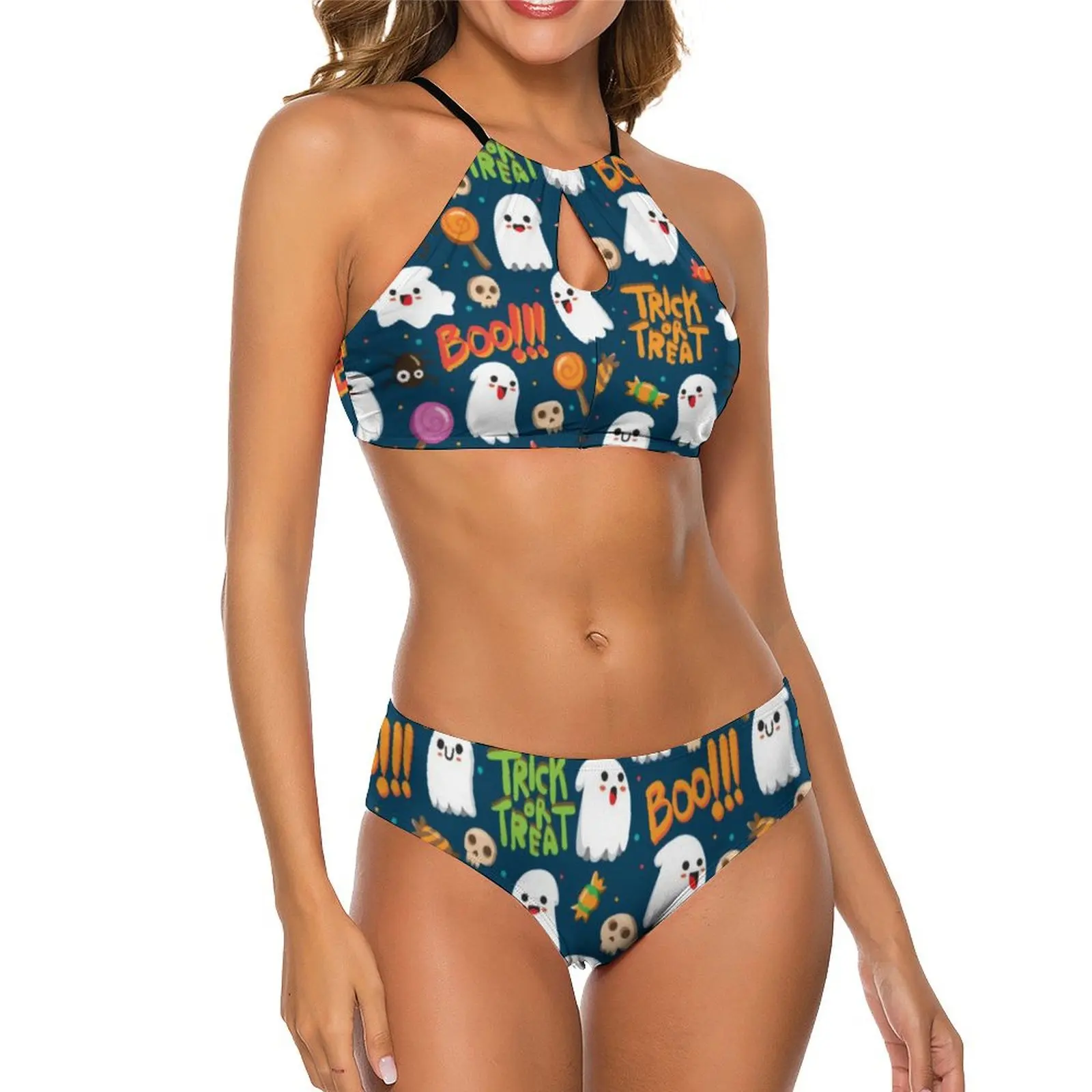 

Cute Halloween Bikini Swimsuit Funny Ghosts Swimwear Sexy Push Up Stylish Bikinis Set Ladies Fitness Hollow Out Bathing Suit