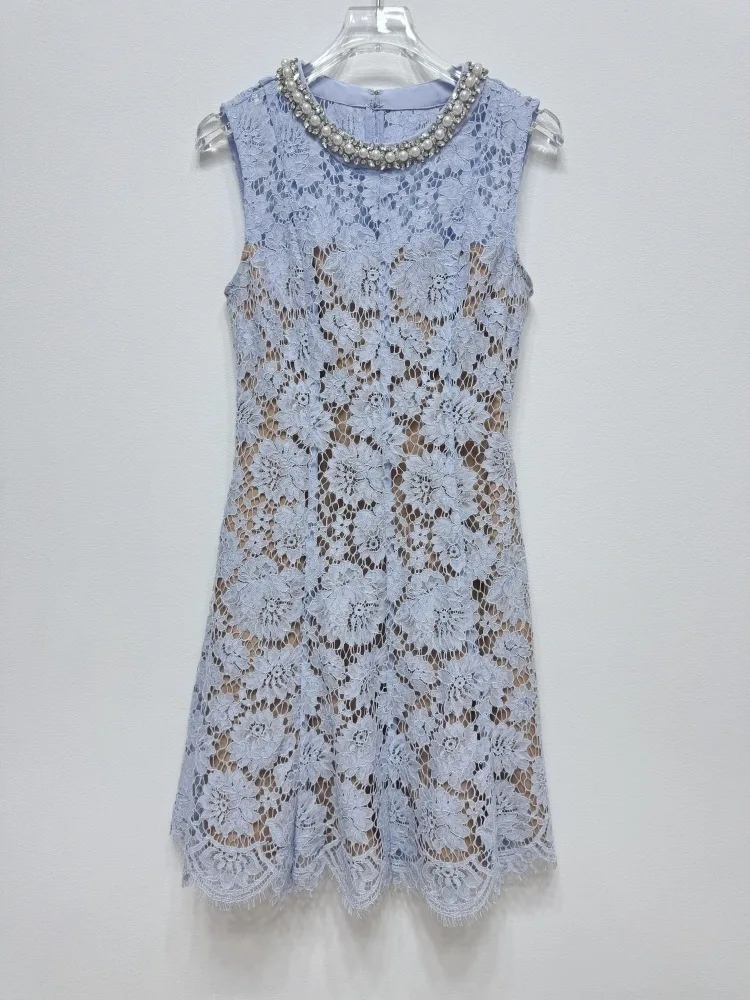 Embroidery Lace Midi Long Dress Women 2023 Summer Spliced Short Sleeve Sexy Women Dresses Floral Single Breasted Dress