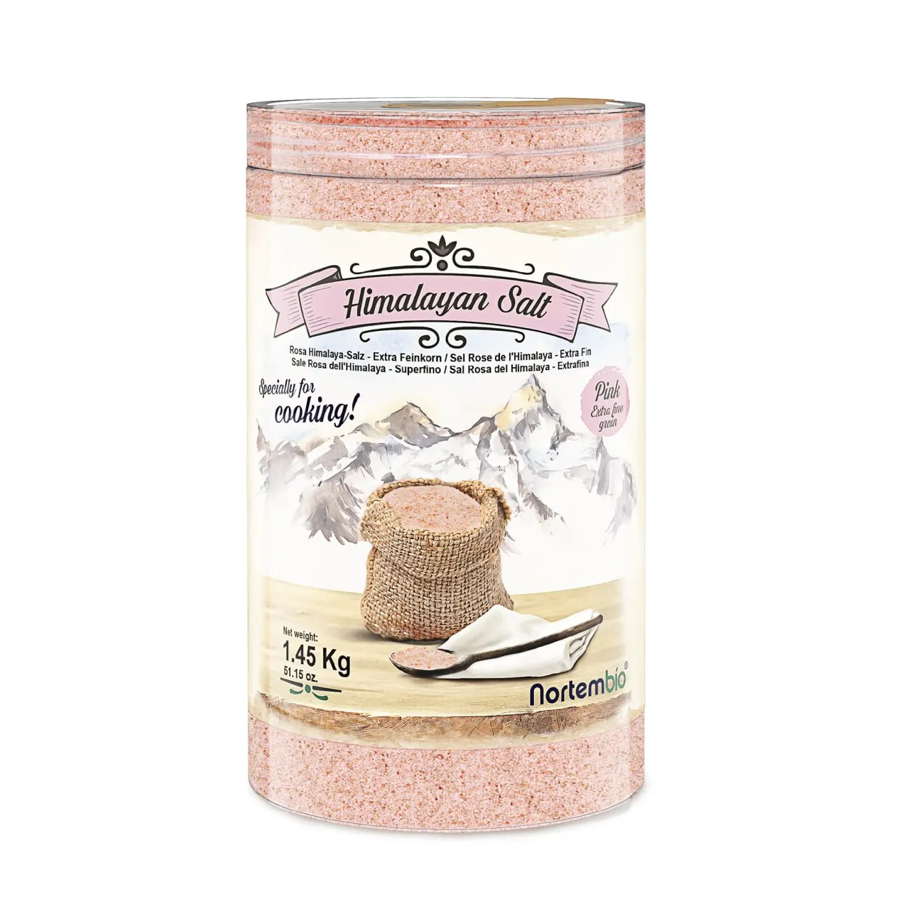 NORTEMBIO Sal Rosa del Himalaya Extrafina (0,5-1 mm) 100% Natural 1,45Kg | Sin Refinar Ni Conservantes | Extraída a Mano