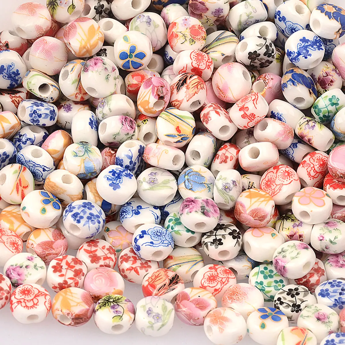 0.8cm 20pcs Random Color Mixing Flower Pattern Oblate Ceramic Beads DIY Loose Spacer Beads Porcelain Beads Bracelet Pendant