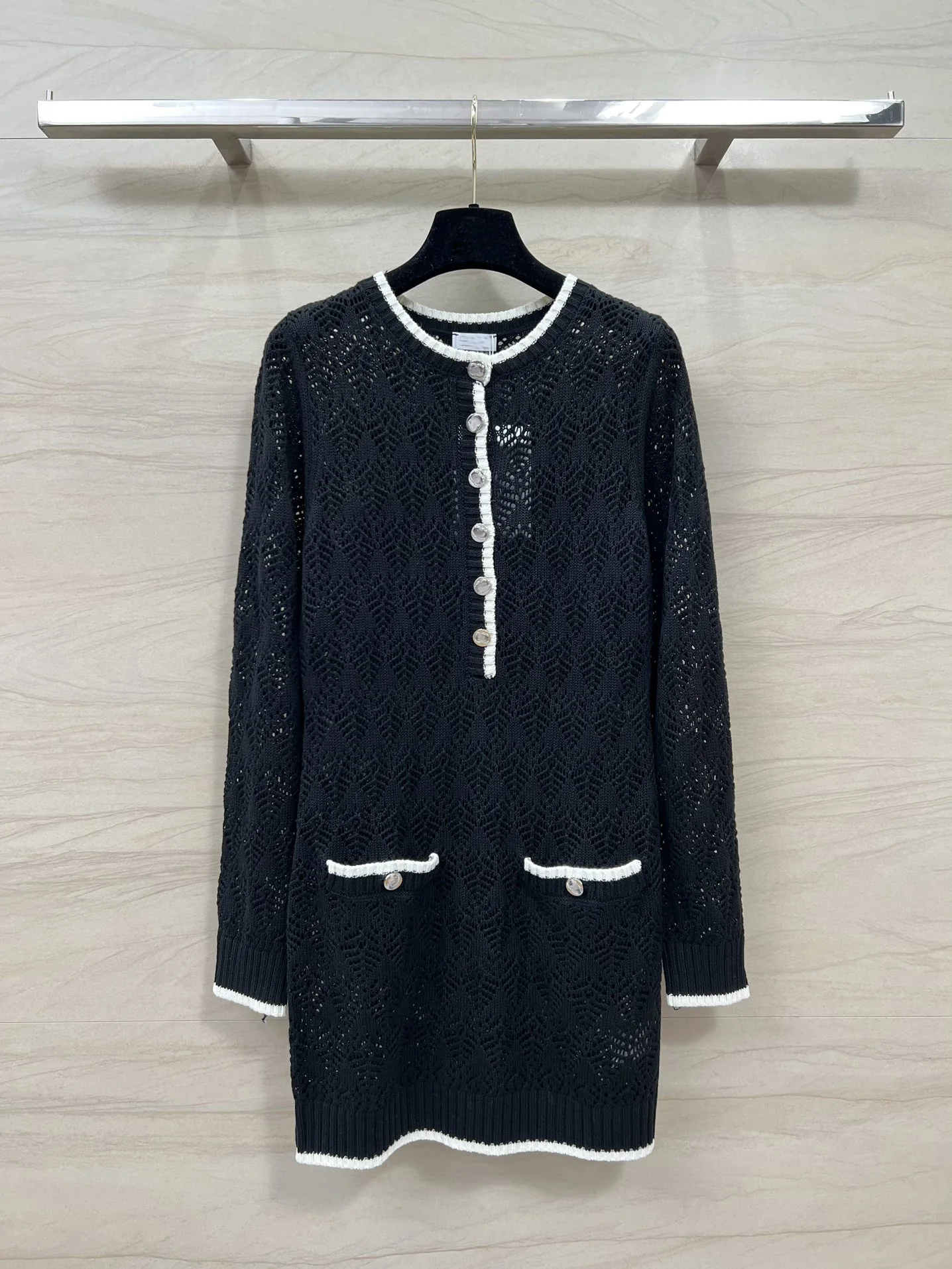 2024 Women's Clothing Simple contrasting hollow hook-knitted dress Spring Summer New No.23