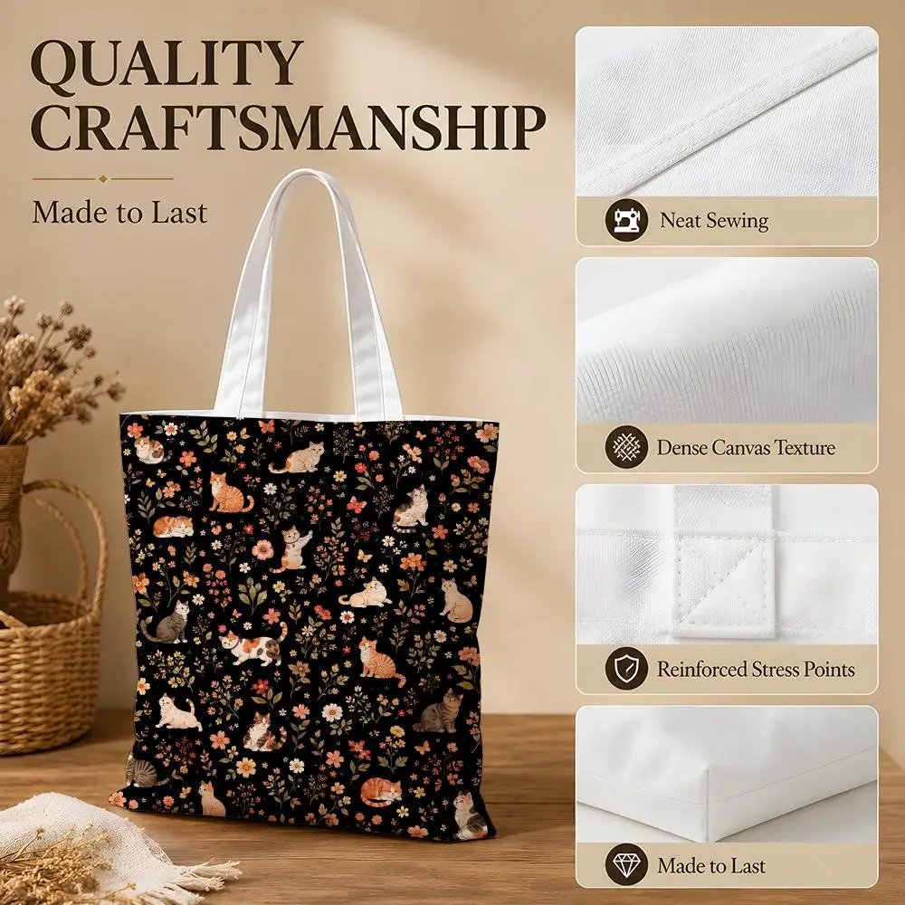 Vintage Floral And Cat-Themed Storage Bags Canvas Tote Bag Women Large Capacity Reusable Shopping Shoulder Bag Daily Handbag