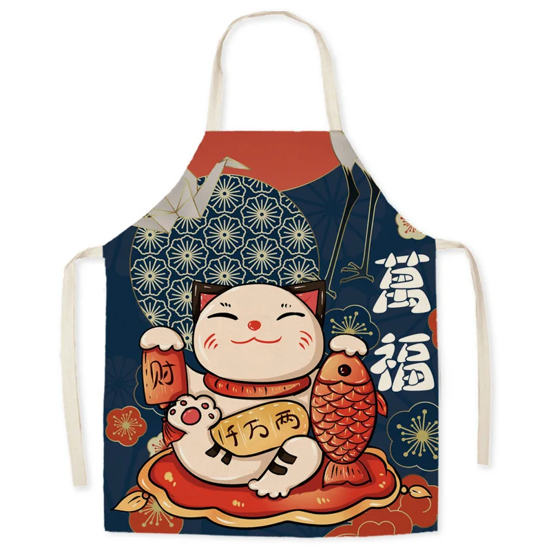 Sleeveless Kitchen Aprons for Women, Japanese Cartoon, Lucky Cat Decoration, Cotton Linen, Home Cooking, Baking Waist Bib Pinafo