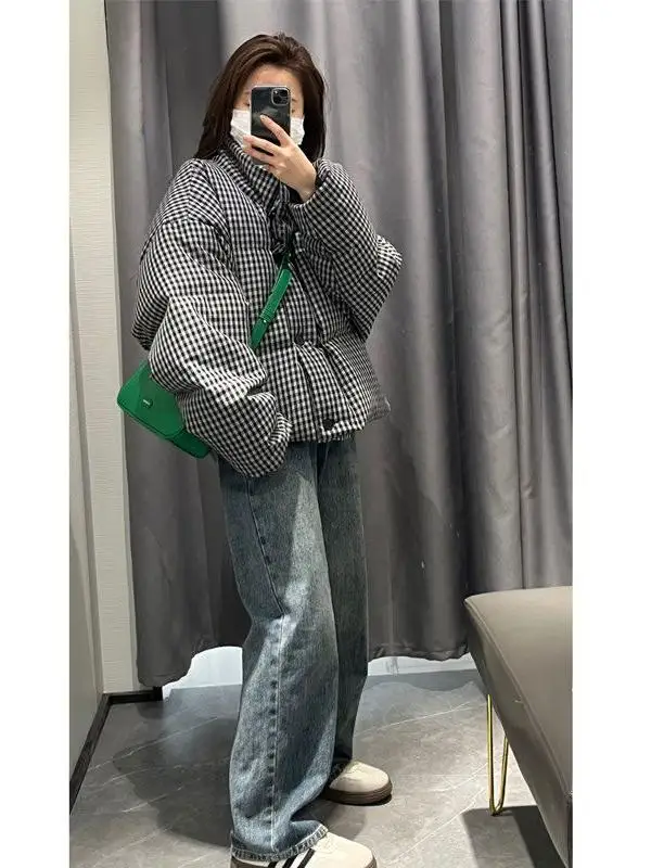

plus Size Winter Plaid Cotton Jaet ort Thiened Stand Collar Bread Sle Women's Korean Loose Fit Long Sve Zipper Coat