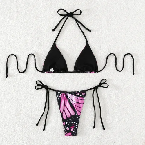 Imagen 2 del producto Conjunto de microbikini con estampado de mariposa para mujer, traje de baño Sexy con cordón halter, traje de baño de dos piezas, trajes de playa