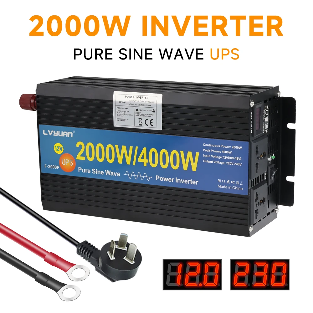 UPS 4000W Pure Sine Inverter 12V 24V 220V DC to AC With usb charging cable LED EU UN Socket  Frequency Converter Car Transformer