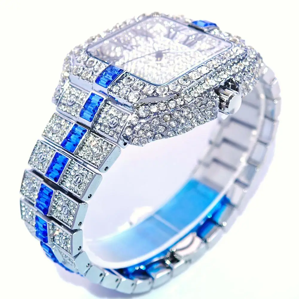 2025 Luxury Iced Watch For Men Fashion Blue Diamond Quartz Wristwatch Mans Hip Hop Bling Bling Jewelry Watches Gift Reloj Hombre