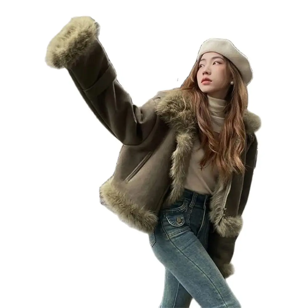 Winter imitation Fur Coat  Short Women's Leather Jacket Rabbit Fur Lining Sheepskin Neck Fashionable Luxury Warmth Overcoat