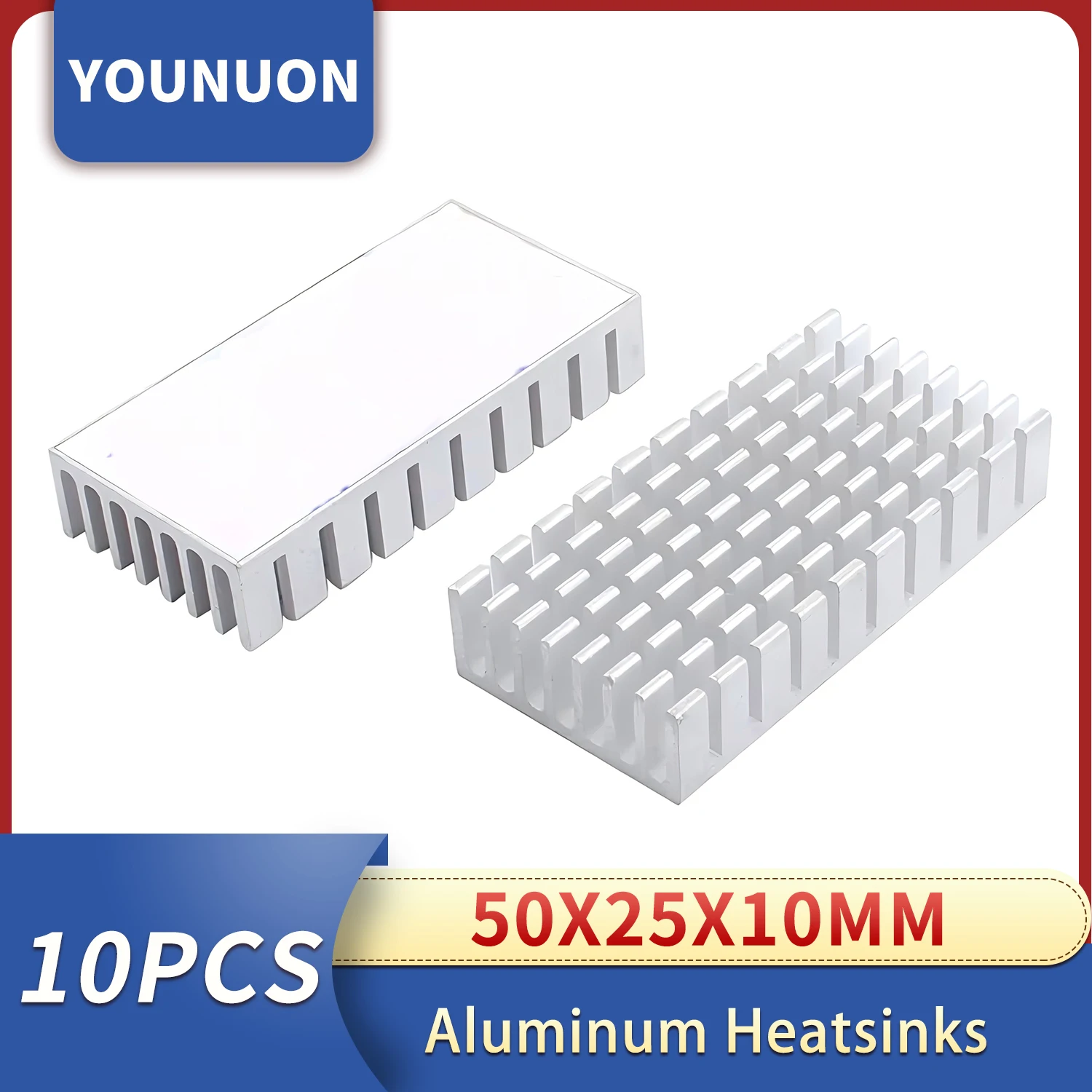 10Pcs YOUNUON  50*25*10mm Aluminum Heat sinks  Heatsink 50x25x10mm Heat Sink for PCB Device LM2596 2577 2587 comes with 3M Tape