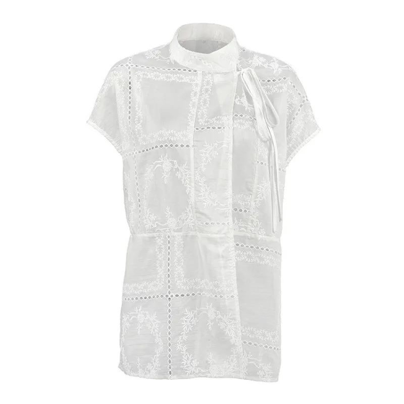 Women 2026 New Arrival Hot Selling Chinese Embroidery Cutout Stand Collar Short Sleeve White Blouse Loose Slimming Trendy Daily