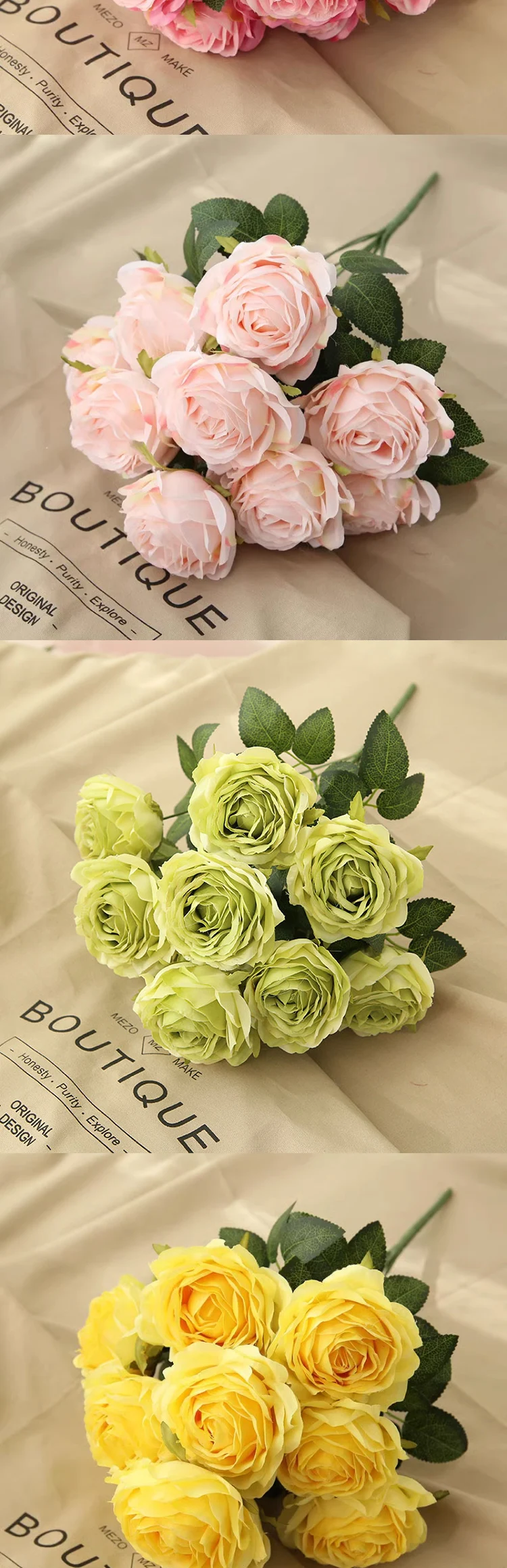 10 Rosenköpfe im europäischen Stil, künstliche Pfingstrosen, Brautstrauß, retro-romantische Hochzeitsdekoration, Wohnzimmer, Heimdekoration, Event-Layout – Detail 6